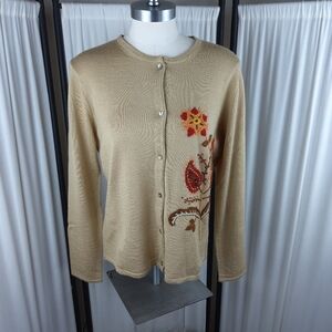 Bob Mackie Medium Autumn Wool Blend Sweater Cardigan Leaf Embroidery‎ Tan/Brown